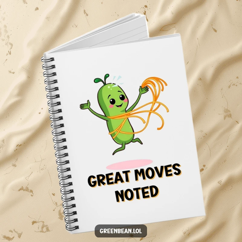 Funny notebook cover with an energetic green bean character dancing with spaghetti, inspiring creativity.