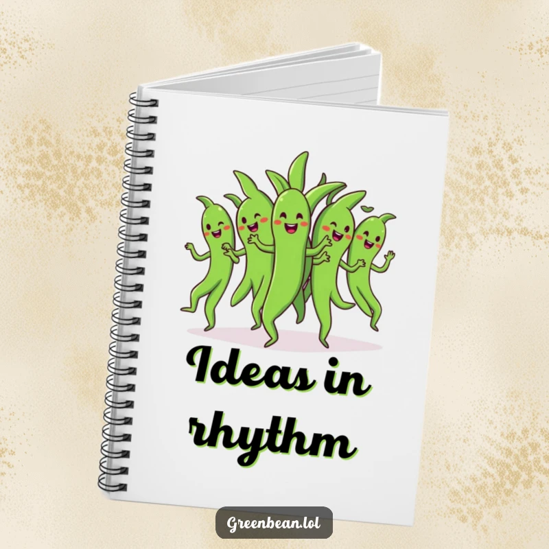 Funny dancing green beans notebook with a bunch of cheerful green beans doing a synchronized dance, ideal for group notes and coordinated ideas.