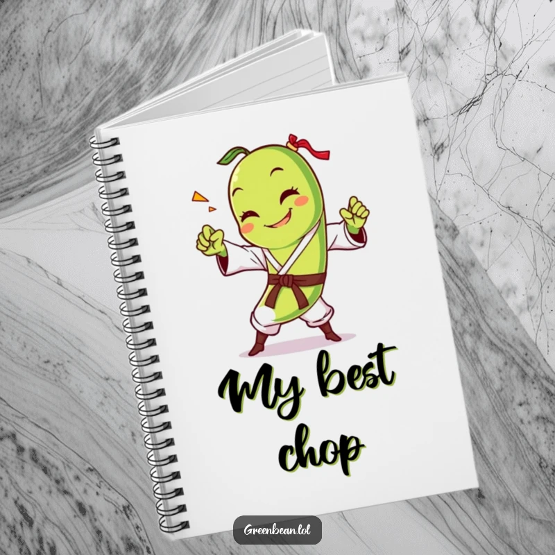 Funny green bean notebook featuring a smiling character in a powerful karate chop pose, ready to record fantastic ideas with comedic energy. Lined pages.