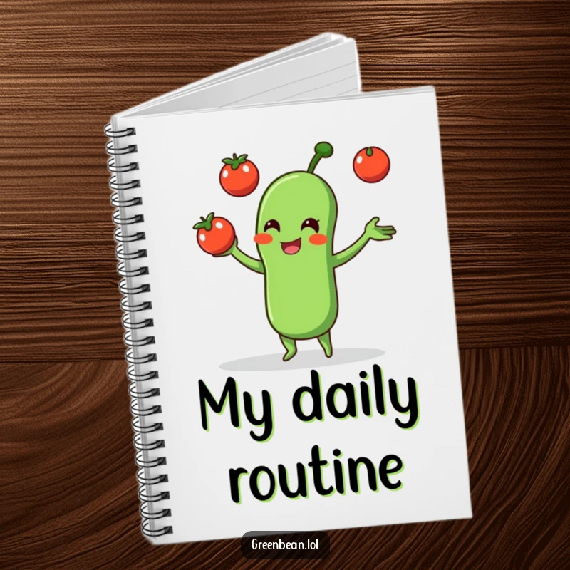 Funny notebook cover with a green bean character juggling tomatoes, ideal for jotting down notes with amusement.