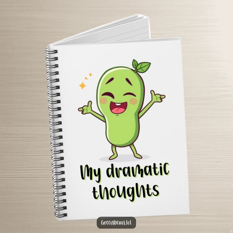 Funny green bean notebook, winking character striking a dramatic pose, perfect for scripts and notes, humorous and practical, funny gift.