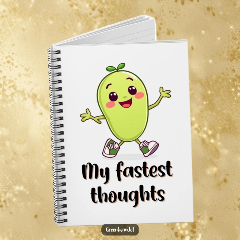 Funny notebook cover featuring a smiling green bean character in tiny running shoes, mid-stride.