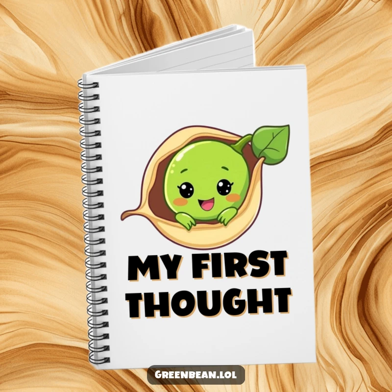 Funny notebook with a cute green bean peeking from its pod, ideal for writing down thoughts and gentle reminders.