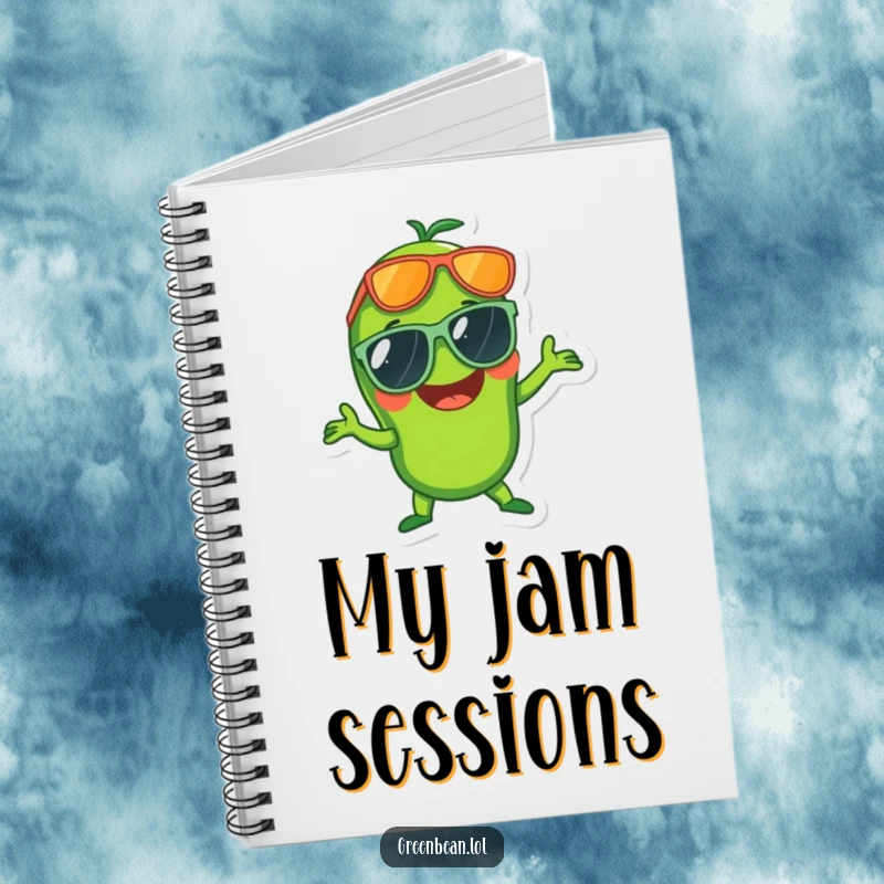 Funny notebook featuring a laughing green bean in oversized sunglasses striking a disco pose, for capturing fun thoughts.