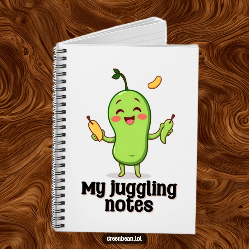 Funny Notebook with a cheerful green bean character joyfully juggling three other green beans, perfect for notes and planning.