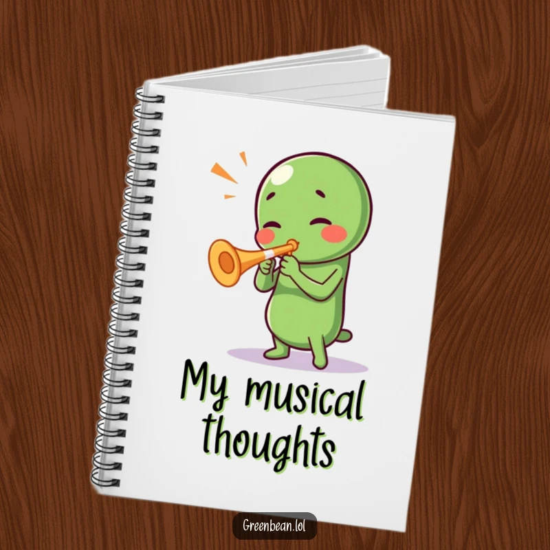 Funny Green Bean Notebook: A notebook with a green bean character playing a tiny trumpet, perfect for jotting down ideas with musical humor.