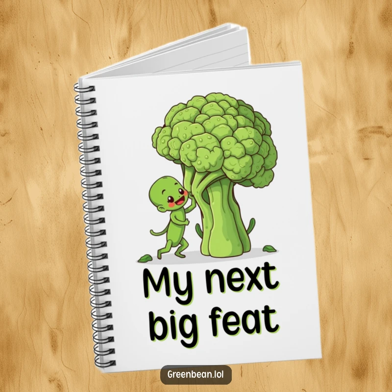 Funny notebook with a green bean character climbing a broccoli stalk, perfect for writing down goals and inspiring ideas.