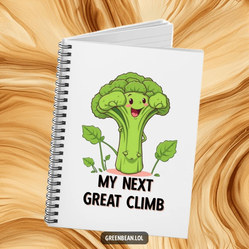 Funny notebook with a determined green bean character climbing a smiling broccoli stalk, perfect for notes and sketches.