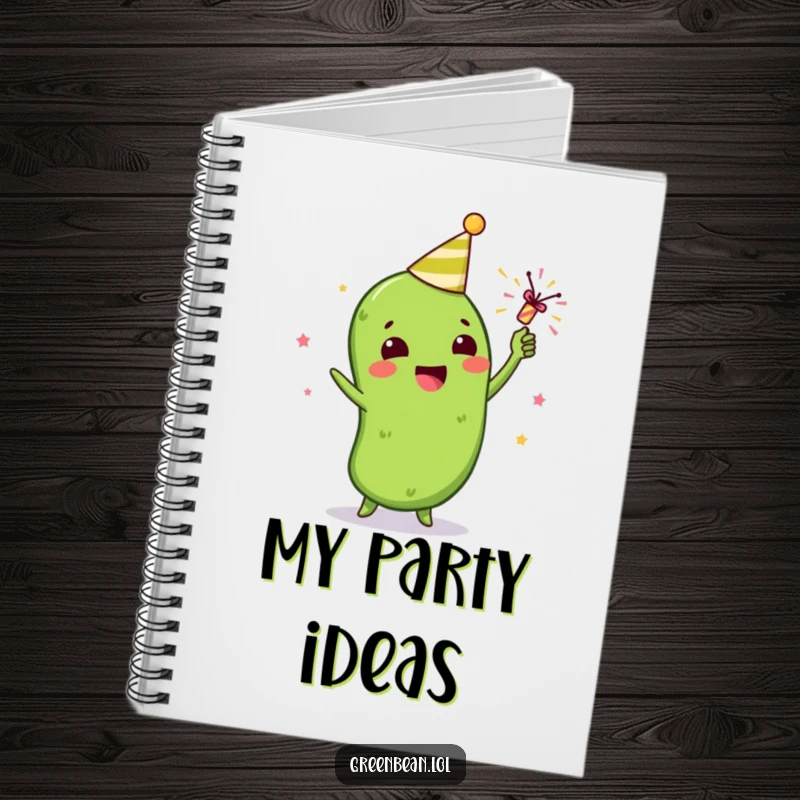 Funny notebook cover with a gleeful green bean character celebrating with a tiny party popper, ideal for note-taking with joy.