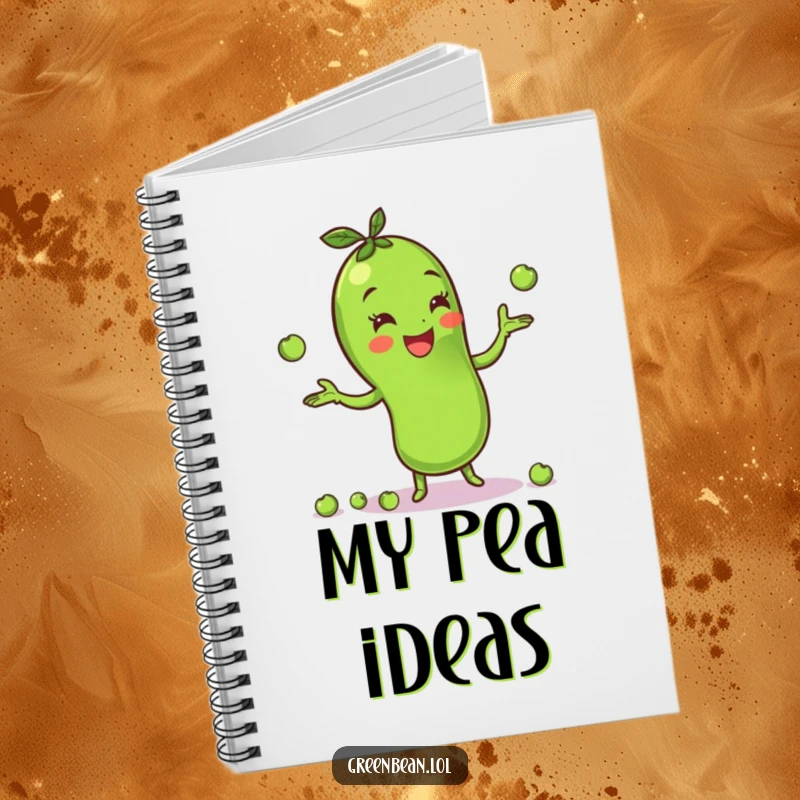 Funny green bean notebook featuring a cheerful character juggling small peas, perfect for jotting down thoughts with a playful and whimsical vibe. Lined paper.