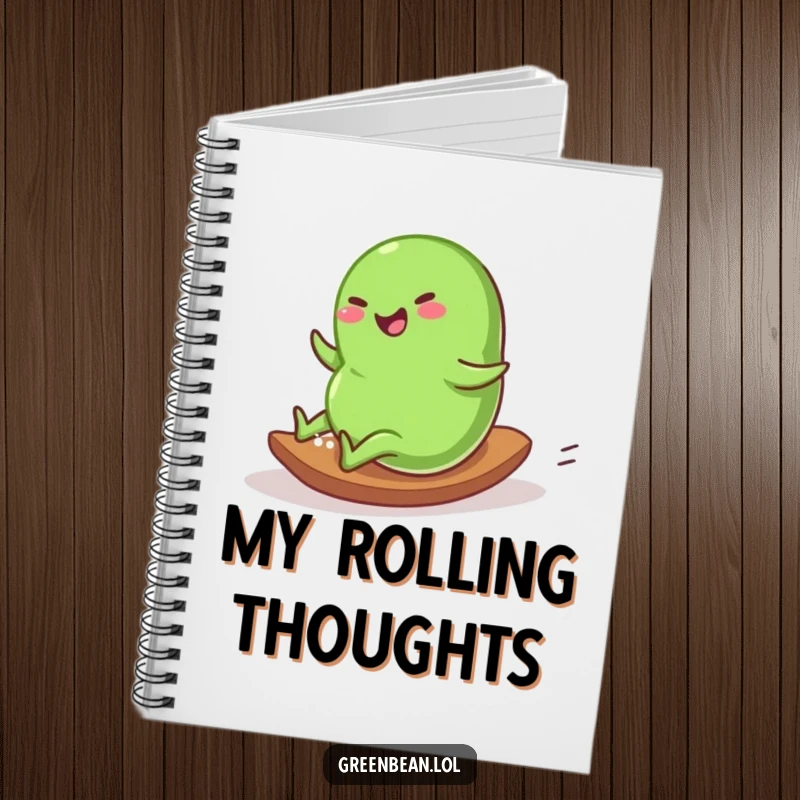 Funny Notebook with a plump green bean character rolling down a gentle slope with glee, perfect for notes and ideas.