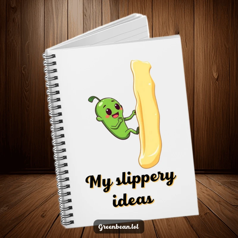 Funny notebook with a green bean slipping on butter, symbolizing challenges in a humorous way for note-taking.