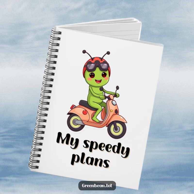 Funny notebook cover with a green bean character riding a ladybug scooter, perfect for jotting down notes with a smile.
