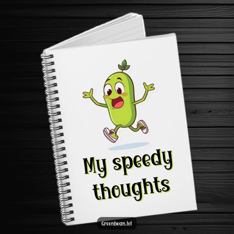 Funny green bean notebook, excited character with tiny running shoes, sprinting forward with ideas, perfect for notes, funny gift.