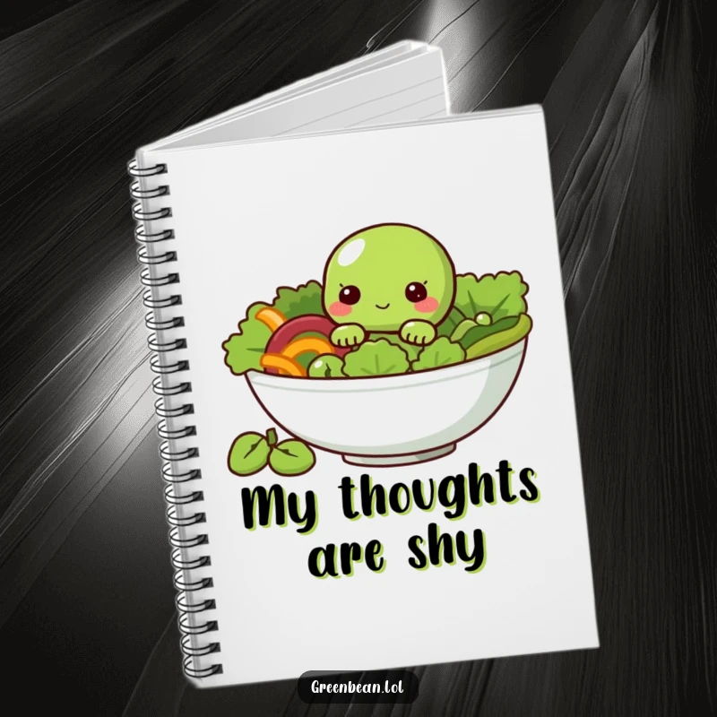 Funny Notebook featuring a shy green bean character peeking from a salad bowl, for capturing secret thoughts.