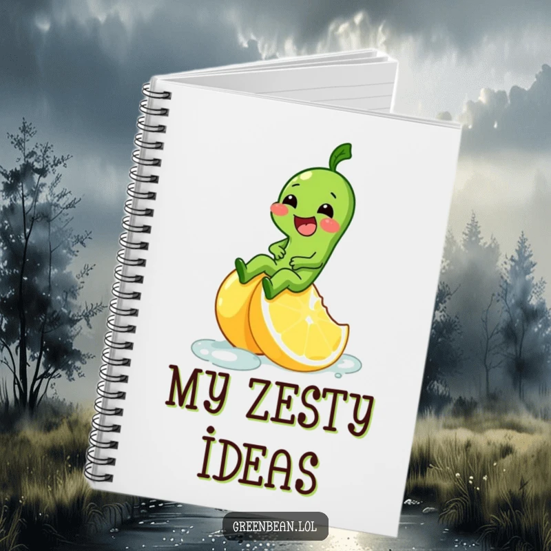 Funny notebook cover featuring a green bean character giggling as it slides down a slippery lemon wedge.