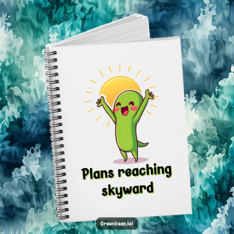 Funny Green Bean Notebook with a proud character stretching towards the sun, perfect for notes and ambitious ideas.