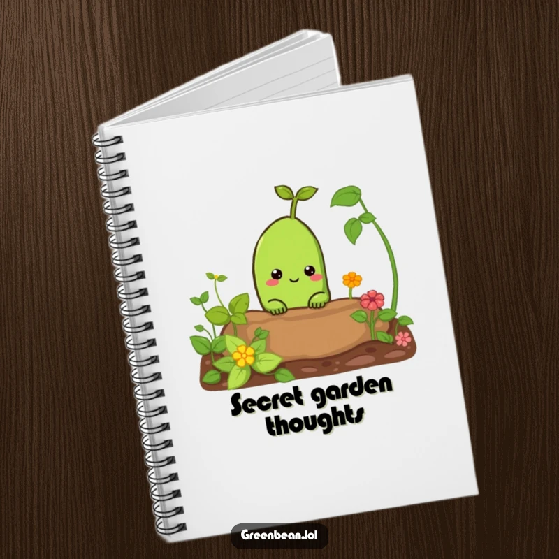 Funny notebook with a curious green bean peeking from a garden bed. Humorous design for writing and sketching.
