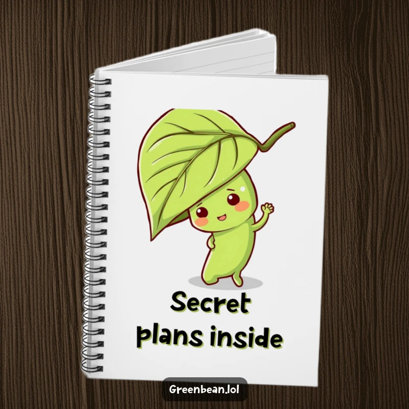 Funny green bean notebook showing a mischievous character hiding behind a leaf, perfect for jotting down secrets or notes.