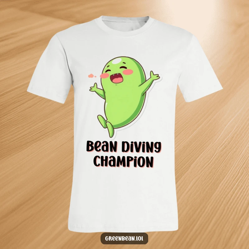 Funny t-shirt featuring a plump, blushing green bean character doing a dramatic, exaggerated dive, perfect for casual wear.