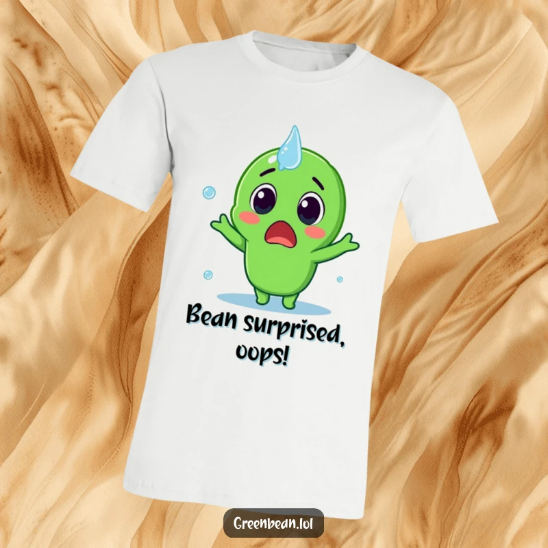 Funny T-Shirt with a surprised green bean character getting splashed by water, capturing a moment of playful shock and humor, a great funny gift.