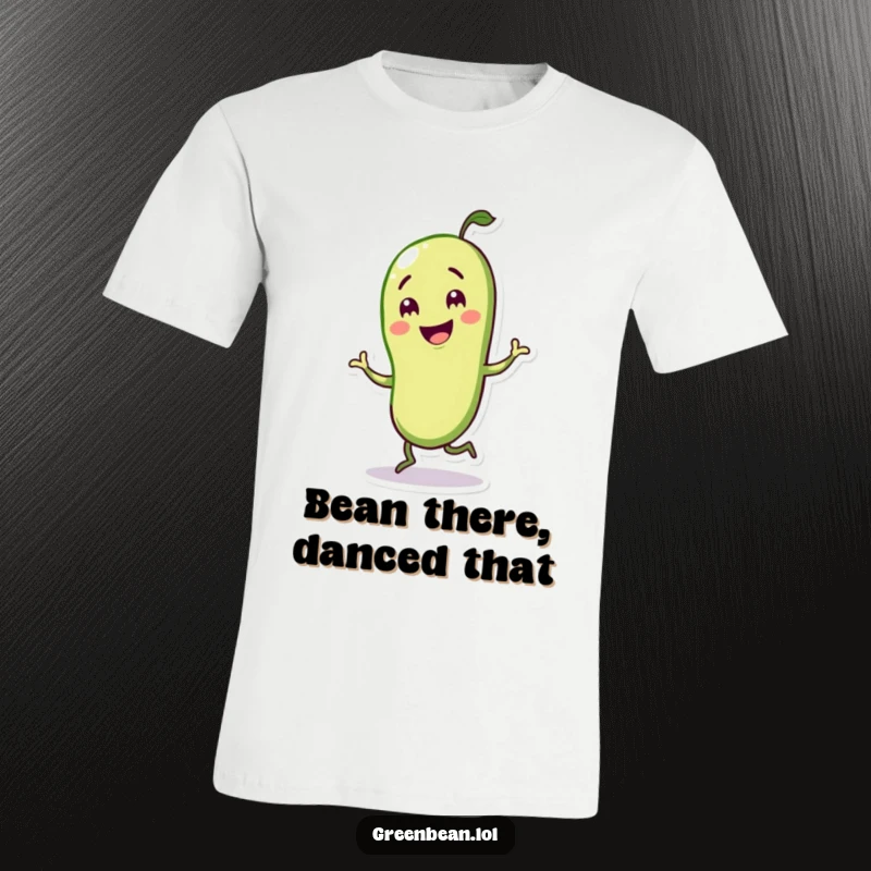 Funny t-shirt of a cheerful green bean character caught mid-jig, full of energy and happiness.