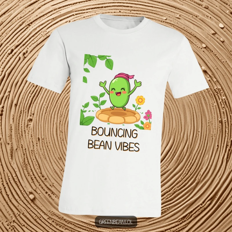 Funny green bean character shirt, joyfully bouncing with energy in a vibrant garden setting, conveying pure happiness and excitement.