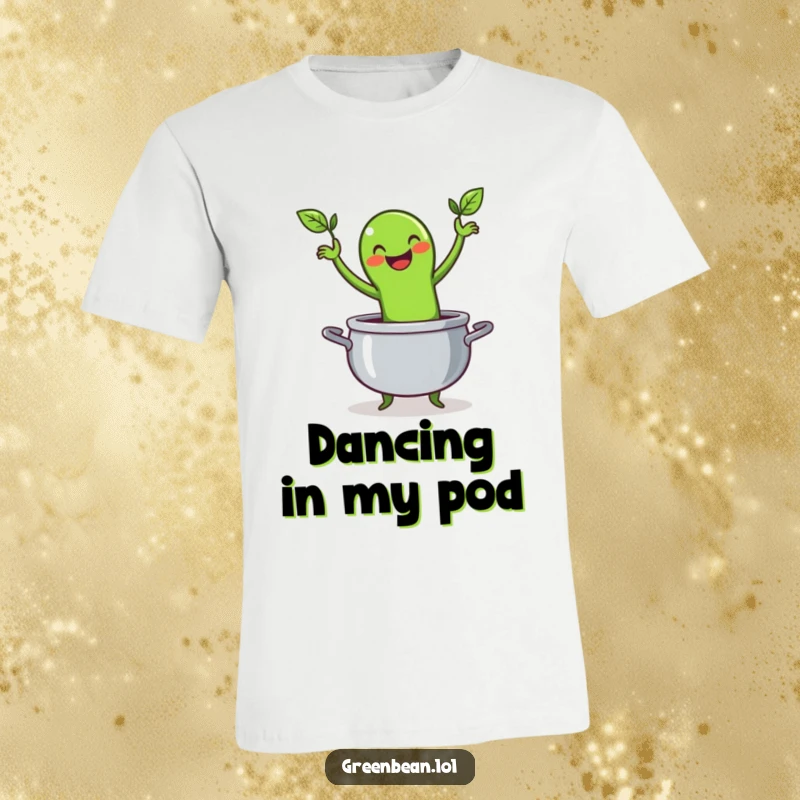 Funny t-shirt featuring a cheerful green bean character performing an energetic jig inside a cooking pot, full of zest.