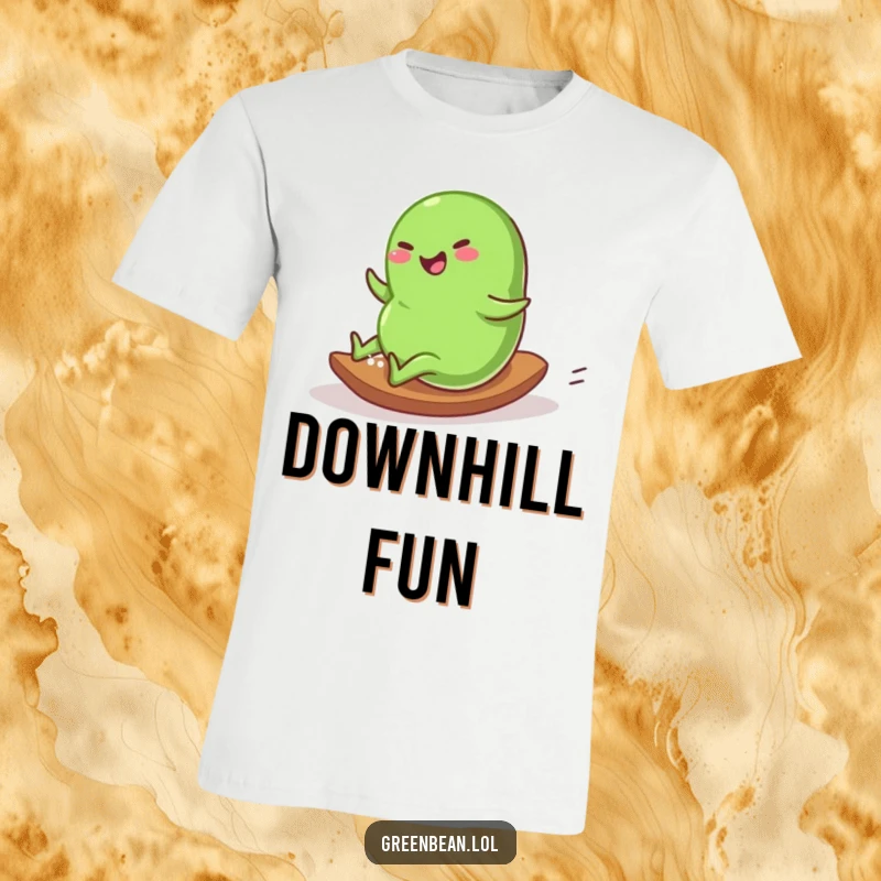 Funny T-Shirt featuring a plump green bean character gleefully rolling down a gentle slope, embodying pure happiness.