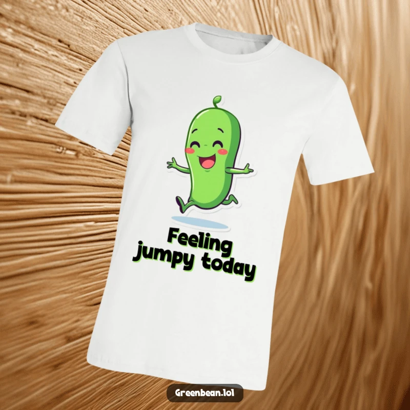 Funny joyful green bean t-shirt with a happy character performing a delightful hop. A cheerful and fun tee.