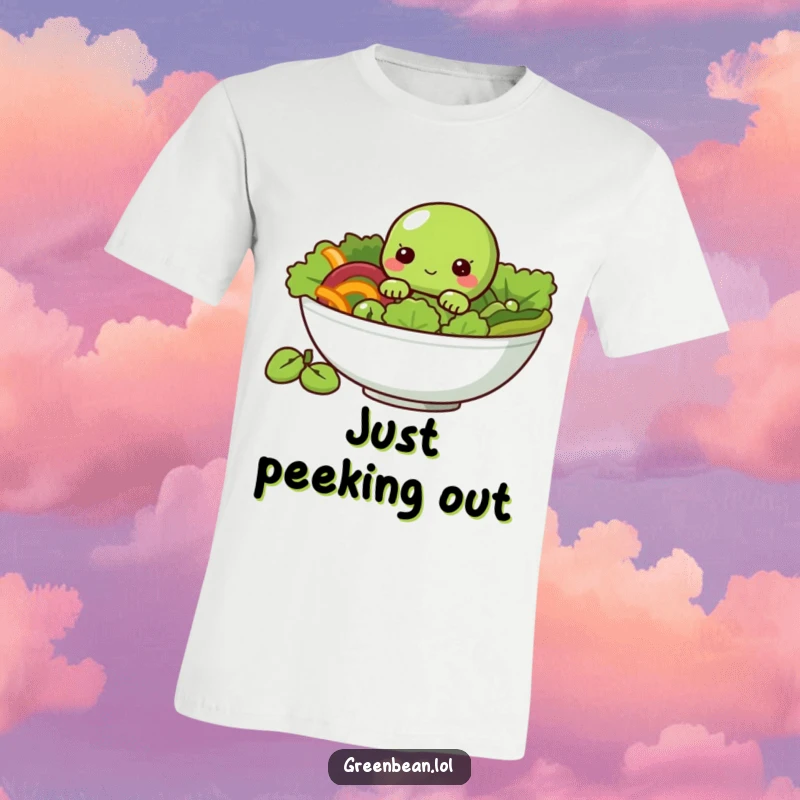 Funny T-Shirt with a shy green bean character peeking from a salad bowl, a playful veggie design.