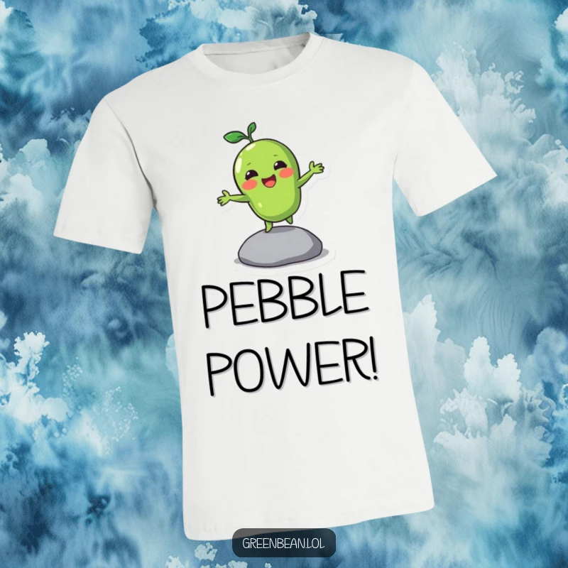 Funny t-shirt depicting a green bean character joyfully bouncing on a pebble, showcasing its energetic and happy nature.
