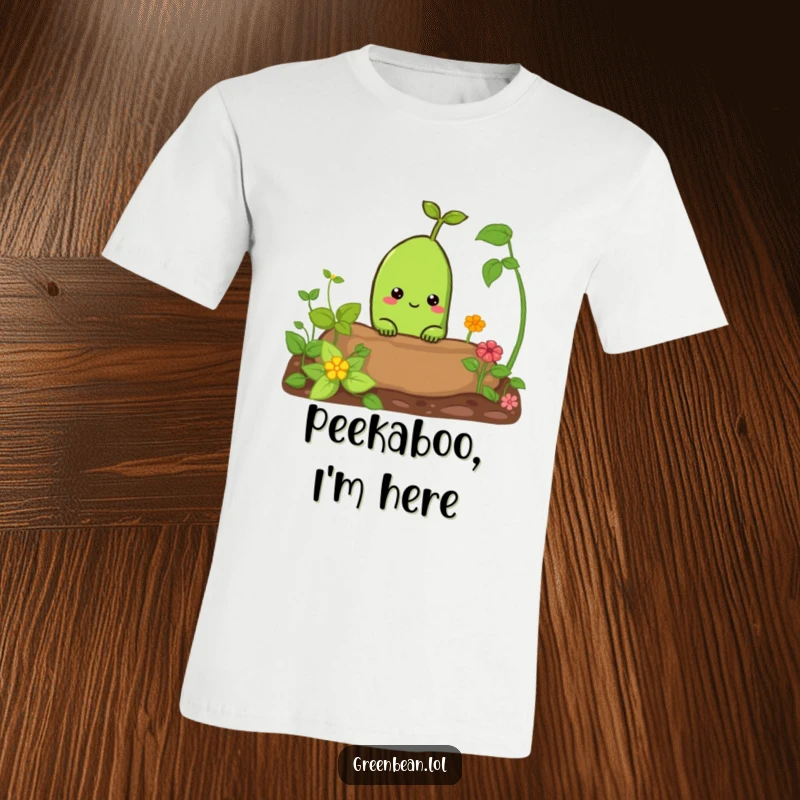 Funny t-shirt featuring a green bean peeking inquisitively from a garden bed. Humorous and charming vegetable design.