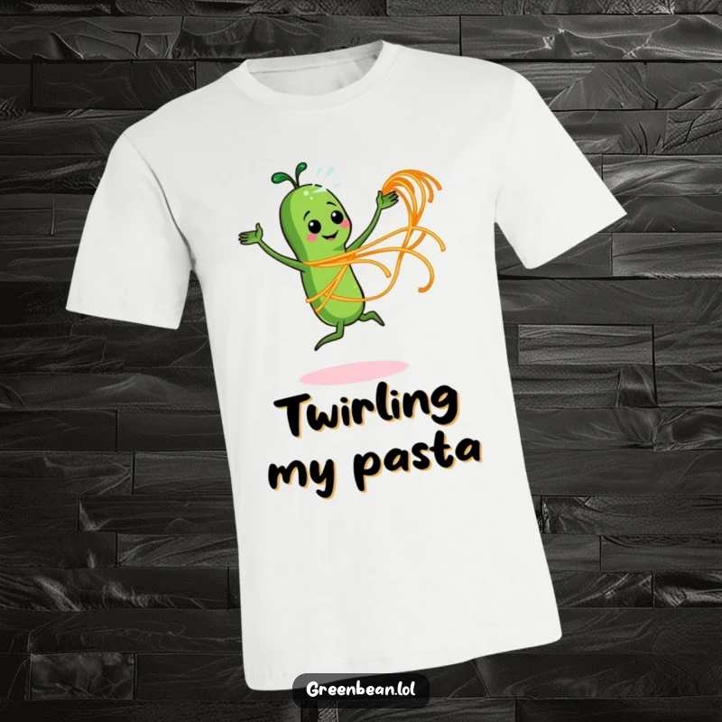 Funny t-shirt illustrating an enthusiastic green bean character energetically twirling spaghetti like a graceful ribbon dancer.