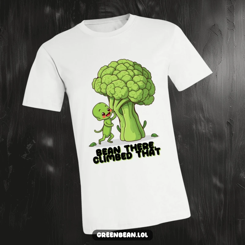 Funny t-shirt showing an determined green bean character attempting to ascend a towering broccoli stalk, a humorous take on ambition.