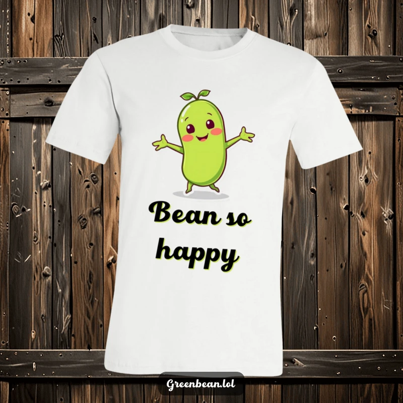 Funny t-shirt featuring a smiling green bean character doing a lively jig with arms outstretched, perfect for active and cheerful people.