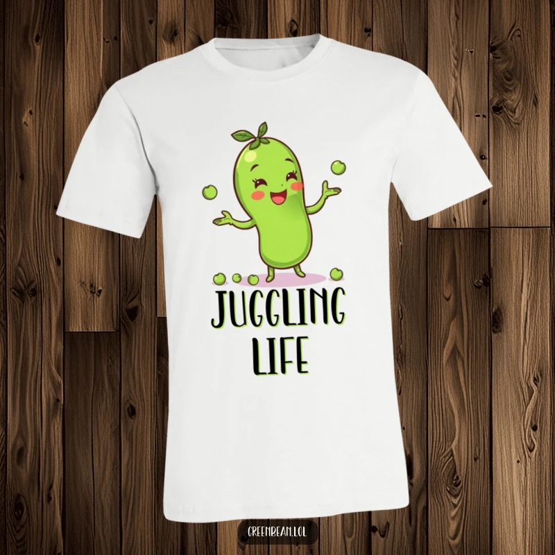 Funny green bean t-shirt featuring a cheerful character skillfully juggling tiny peas, embodying playful multitasking and veggie charm. Comfortable fit.