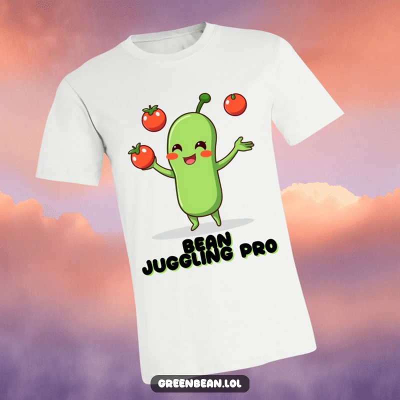 Funny t-shirt illustration of a happy green bean character skillfully juggling three tiny red tomatoes with a joyful expression.