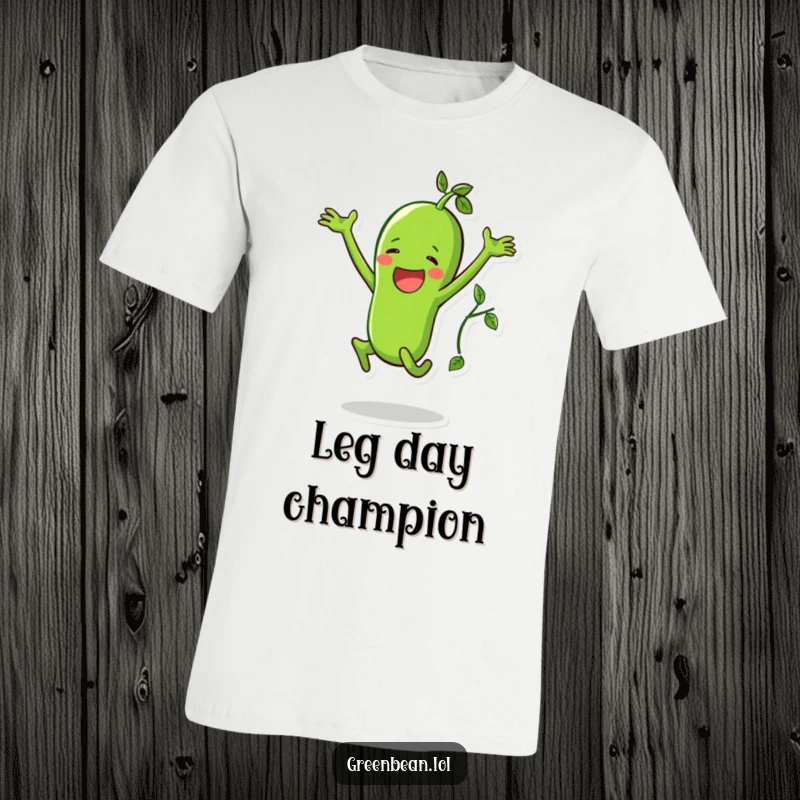 Funny t-shirt depicting a happy green bean character performing a jumping jack with a vine partner, active fun.