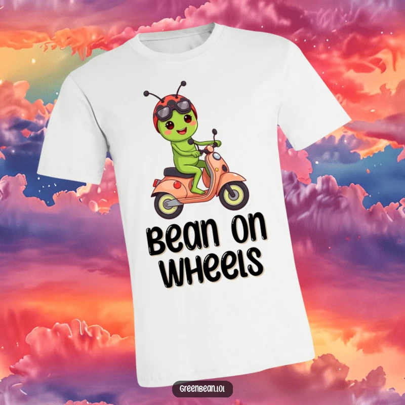 Funny t-shirt illustrating a happy green bean character riding a ladybug like a fun and speedy scooter.