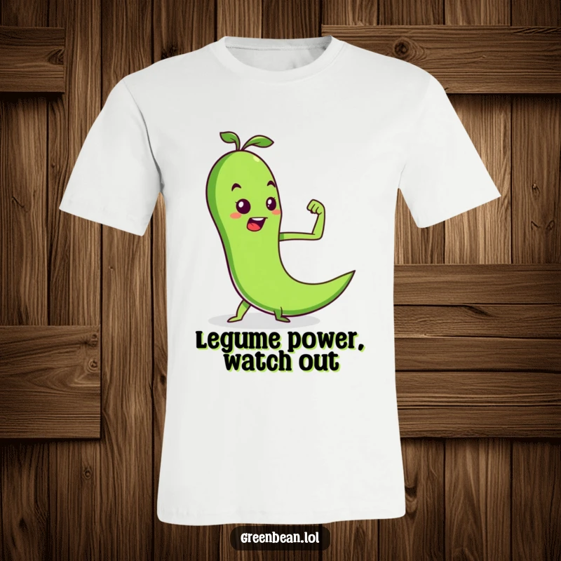 Funny t-shirt featuring a determined green bean flexing a tiny pea muscle, perfect for fitness enthusiasts and a great funny gift.