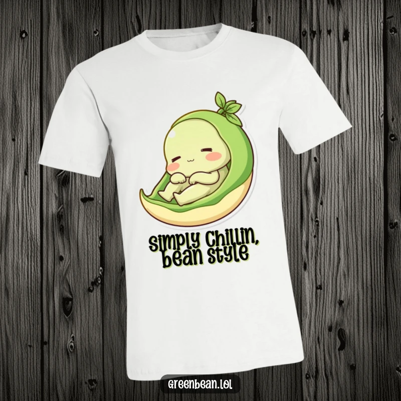 Funny t-shirt featuring a content green bean character relaxing in its pod, perfect for food lovers and a great funny gift.