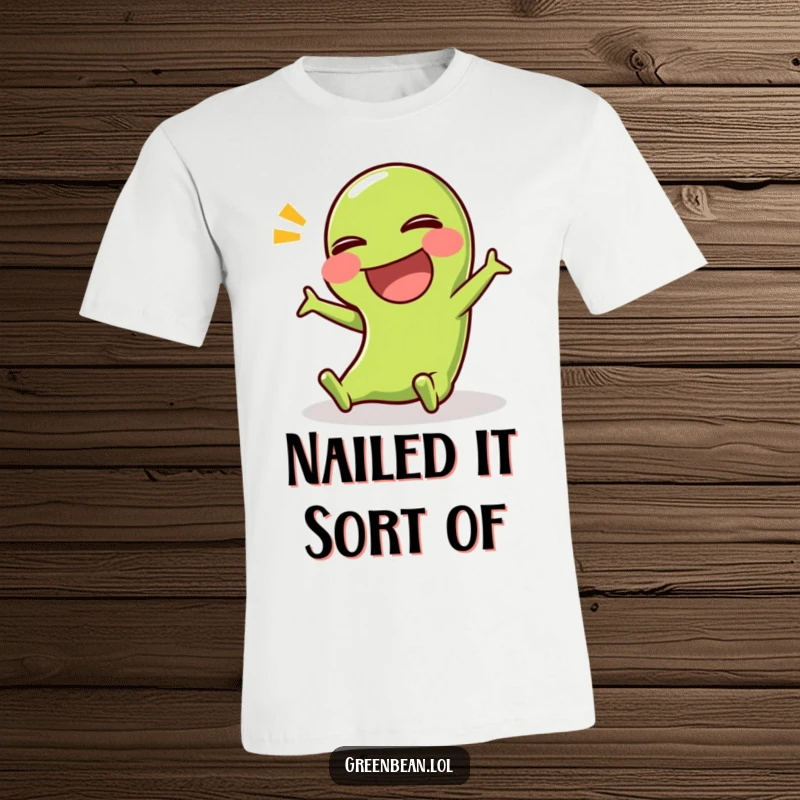 Funny t-shirt depicting a green bean character mid-slip, legs flailing comically, radiating pure, slapstick humor and joy.