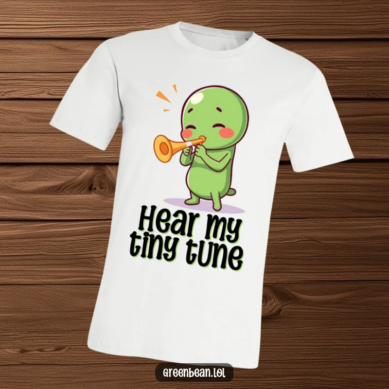 Funny Green Bean T-Shirt: A spirited green bean character energetically playing a tiny trumpet, radiating musical joy and humorous charm.