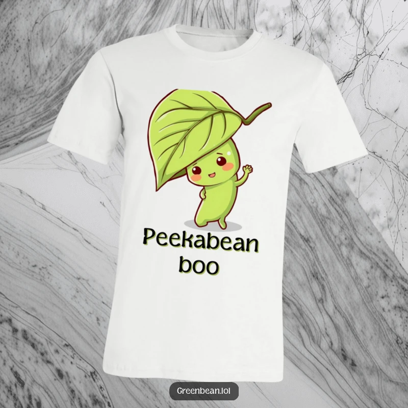 Funny green bean character t-shirt, playfully hiding behind a leaf, embodying a spirit of mischievous fun and games.