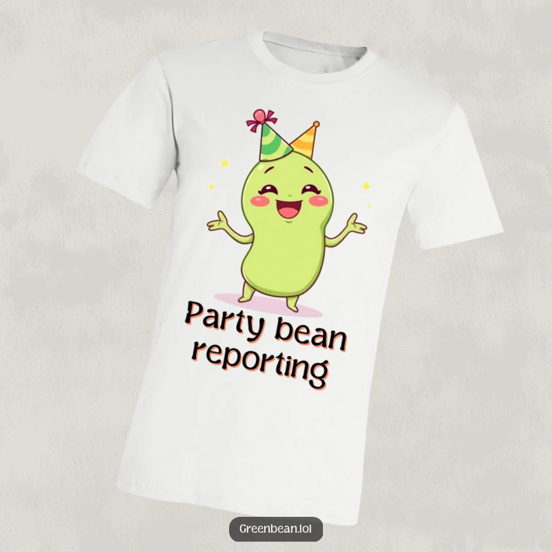 Funny juggling green bean t-shirt of a grinning green bean in a party hat, juggling items, showcasing a fun and festive personality.