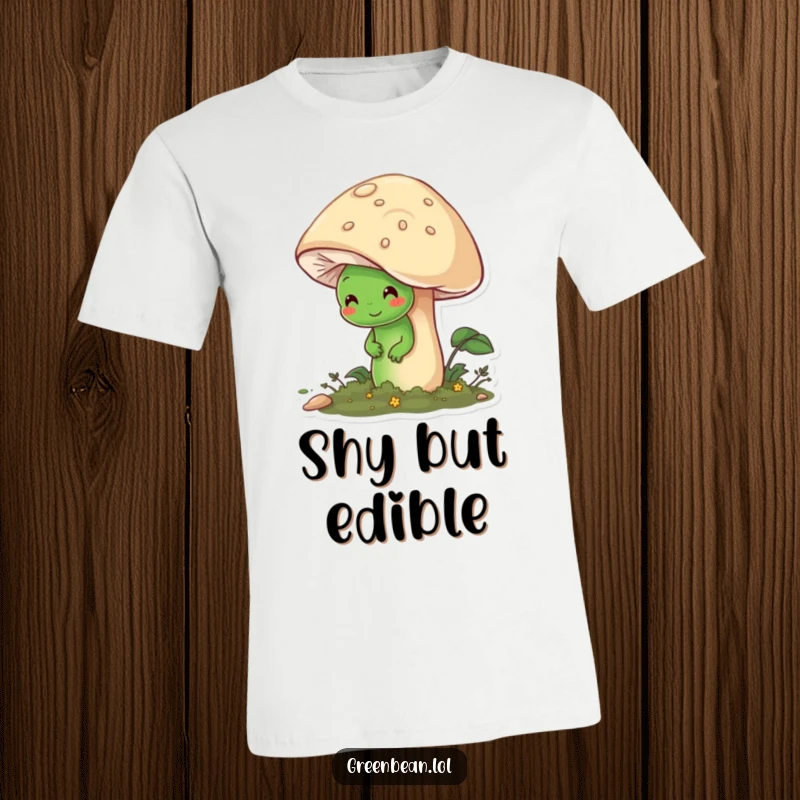 Funny t-shirt featuring a timid green bean character hiding behind a big, welcoming mushroom, looking bashful.