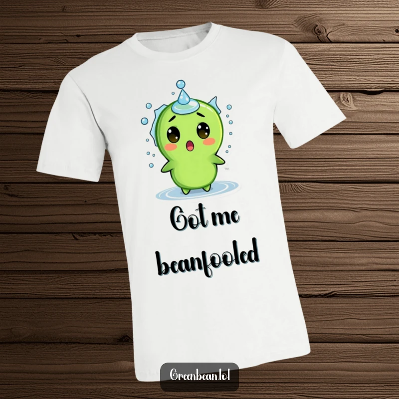 Funny t-shirt depicting a green bean character reacting with surprise to a water droplet splash, showcasing a comical moment.