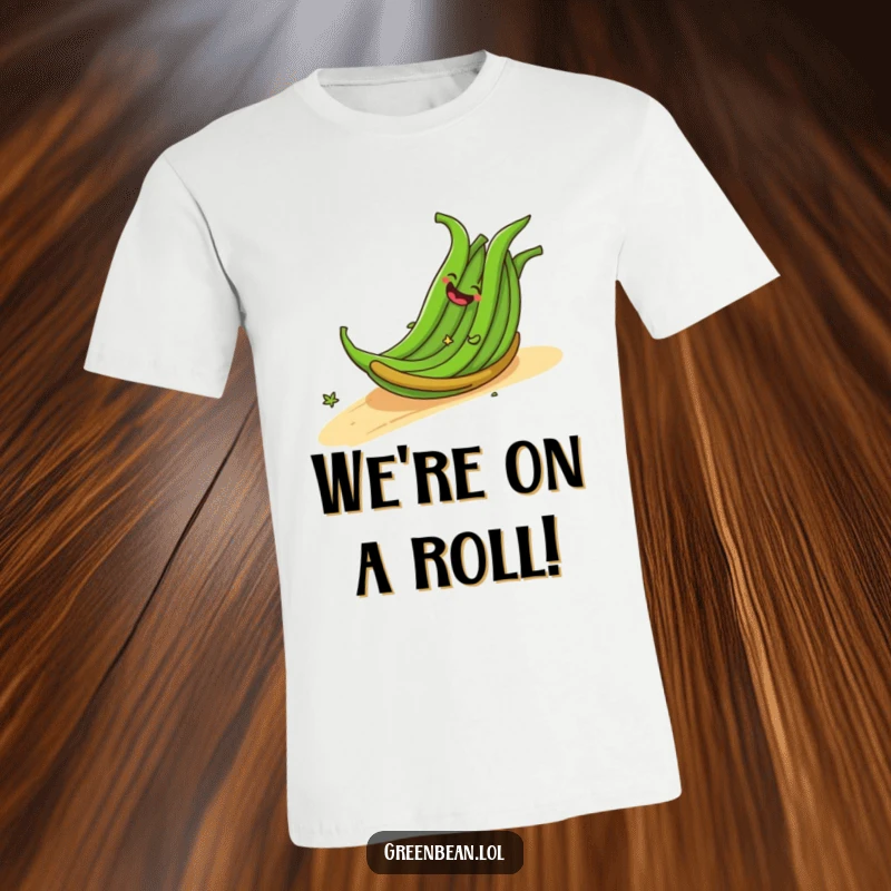 Funny t-shirt showing a cheerful bundle of green beans giggling as they roll downhill, embodying pure fun. A great funny gift.