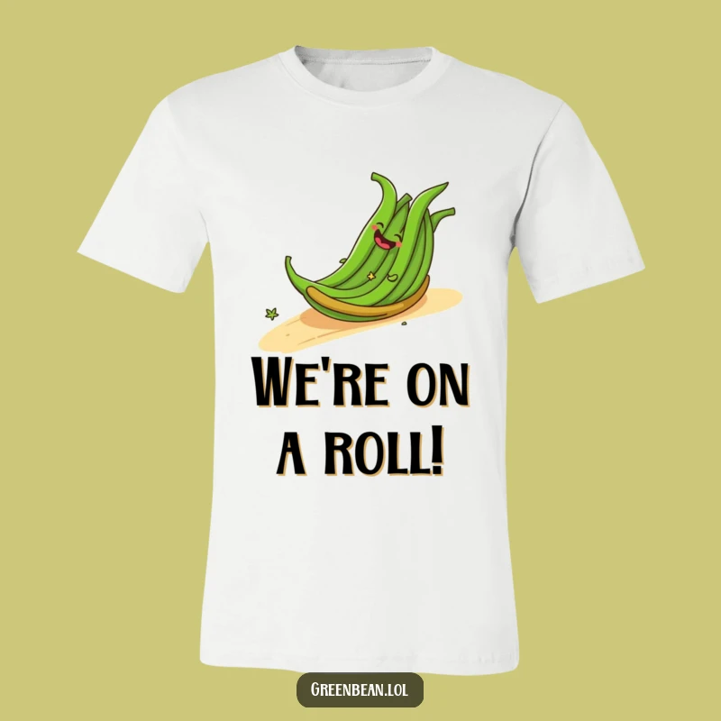 Funny T-Shirt: Giggling Green Beans Rolling Downhill - Playful Veggies